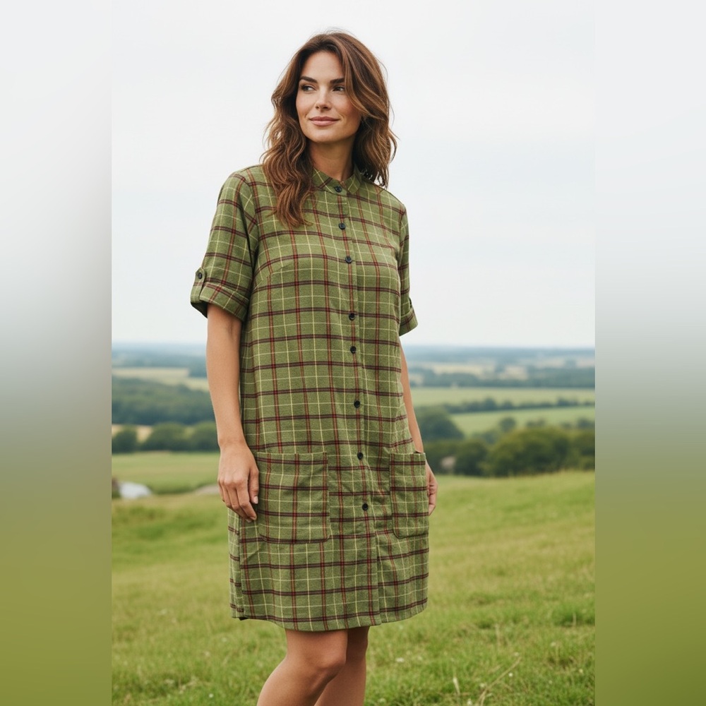 Casual Green Plaid Button-Front Mini Dress